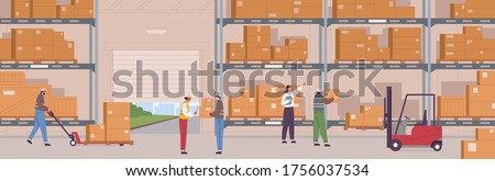 People in safety clothes work at warehouse vector flat illustration. Man and woman inside storage of logistic delivery service. Staff surrounded by boxes on rack and transport of storehouse interior