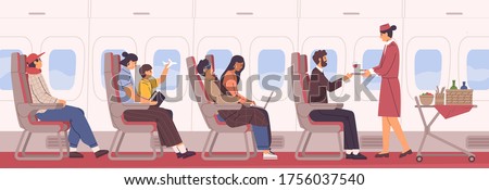 People sit on armchair at airplane side view vector flat illustration. Friendly stewardess with food and drink cart in aisle. Man, woman and kid at cabin interior. Passenger and personnel inside jet