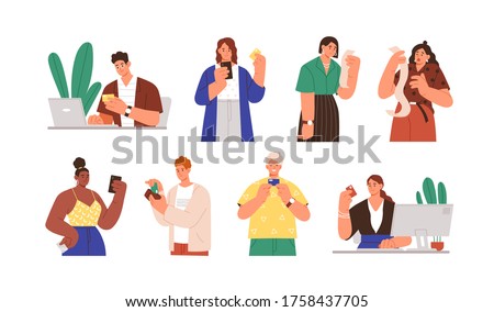 Set of diverse people with payment receipts and bank cards vector flat illustration. Collection of man and woman online cashless paying, having large amount at invoice isolated on white background