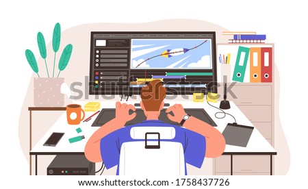 Guy animator at creation project process vector illustration. Male motion designer working on computer. Freelancer graphic creator at workplace. Back view man learn at online animation editor course