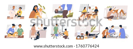 Different situation of pets life set vector flat illustration. Owners with their domestic animals - vaccination, vet passport, rehabilitation, sterilization, carrying and washing isolated on white