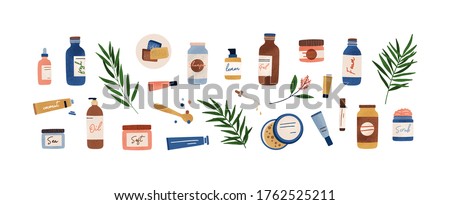 Set of colorful bottles, jars and tubes with organic cosmetics vector flat illustration. Collection of flowers, leaves and skincare products isolated on white. Natural eco friendly composition