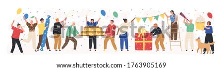 Collection of joyful people celebrating holiday vector flat illustration. Set of happy man and woman at birthday party with confetti, cake and gifts isolated on white. Festive friends at event