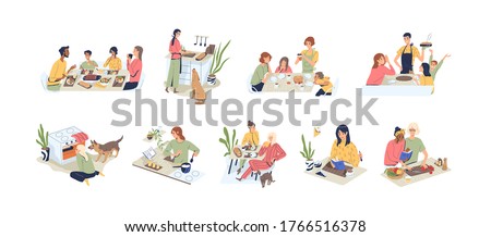 Set of people at kitchen vector flat illustration. Collection of families, couple, man and woman at cuisine. Diverse person cooking, eating food, talking and reading book isolated on white background