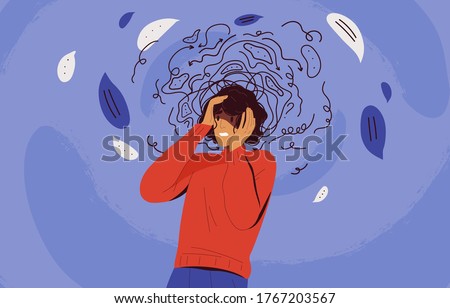 Frustrated woman with nervous problem feel anxiety and confusion of thoughts vector flat illustration. Mental disorder and chaos in consciousness. Girl with anxiety touch head surrounded by think Сток-фото © 