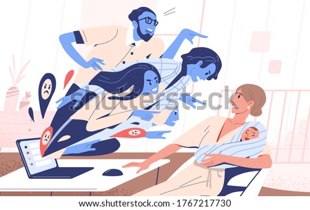 Abstract people blames young mother hold toddler vector flat illustration. Scared female with baby receive criticism from internet use laptop. Social pressure or bullying on woman and mom