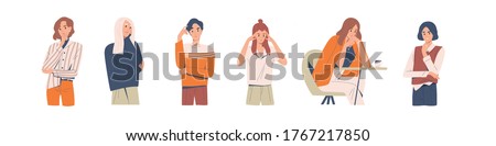 Set of different thoughtful people vector illustration. Collection of various man and woman thinking or making decision isolated on white. Colorful pensive person sit on table, touching head or chin