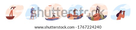 Set of people look into future vector flat illustration. Collection of man and woman stand on stairs, top of mountain and sailboat with binoculars. Concept of new horizons and choice of direction