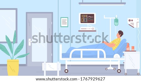 Male patient lying on bed at modern intensive therapy room vector flat illustration. Sick man with dropper at hospital interior. Medical clinic furniture and devices. Guy at ward during therapy
