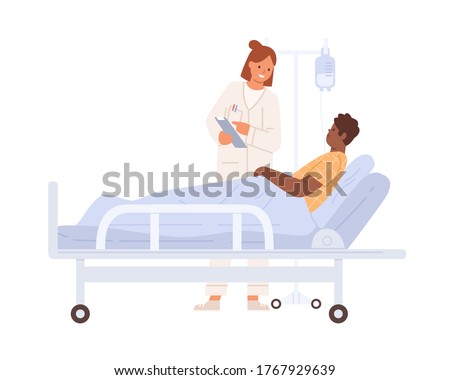 Female doctor visit black skin man at hospital room vector flat illustration. Male lying on bed with dropper during treatment at clinic isolated on white. Medical personnel consulting patient
