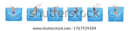 Set of different sinking people vector flat illustration. Collection of man, woman and child in swimwear drowning in water isolated on white. Scared person trying survive splashing or catch lifebuoy