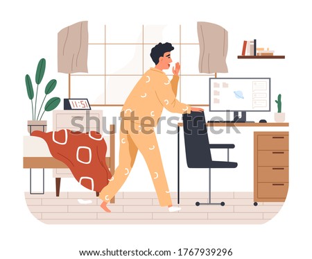 Yawn freelancer man missing the deadline vector flat illustration. Remotely work employee overslept late making distant job isolated on white. Morning male having incomplete assignment on computer