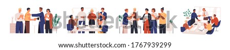 Set of diverse team congratulates colleague vector flat illustration. Collection of people celebrate career development, successful project or birthday isolated. Man and woman employee shaking hands