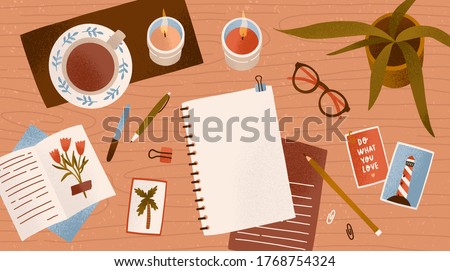 Top view empty paper notepad for drawing or write diary vector flat illustration. Clean notebook for planning with cosiness things on desk. Workplace organization for inspiration and productivity