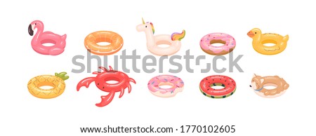 Set of rubber colorful inflatable stylish modern swimming ring for children and adults. Pink flamingo, bite donut, rainbow unicorn, crab inner tube in cartoon vector illustration on white background