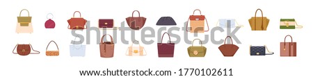 Set of colorful stylish cartoon women bags isolated on white background. Collection of luxury modern leather accessory, cross body, purses, clutches, tote, hobo, handbag flat vector illustration