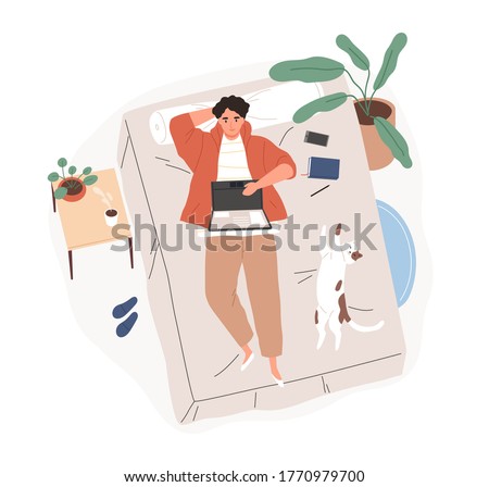 Relaxed freelancer guy lying on bed with laptop top view vector flat illustration. Modern male working remotely from bedroom isolated on white. Cheerful man surfing internet or chatting at home