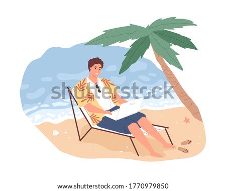 Joyful freelancer male working remotely on beach use laptop vector flat illustration. Smiling man on chaise-longue chatting or surfing internet isolated. Cheerful modern guy relaxing enjoy vacation Stock foto © 