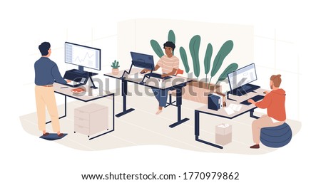 Diverse people working at contemporary workspace vector flat illustration. Man and woman employees at modern area with ergonomic furniture and computers isolated. Modern coworking openspace