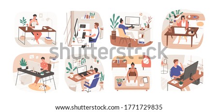 Set of freelance people working remotely vector flat illustration. Collection of man and woman use computer or laptop at comfortable workplace isolated on white. Self employed person at home office