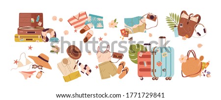 Set of travel stuff vector illustration. Collection of items for vacation or journey decorated by tropical leaves, shells and flowers isolated. Clothes, accessories, shoes and suitcase for tourism