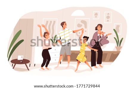 Smiling family dancing having fun at home vector flat illustration. Joyful parents and kids clapping hands and demonstrate dance movements isolated. Happy active people spending time together