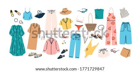 Set of summer fashion clothes vector flat illustration. Collection of trendy clothing for vacation or beach isolated on white. Colored stylish shoes, dress, trousers, shirt, swimsuit and accessories
