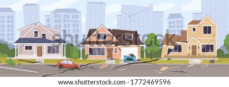 Earthquake city panorama vector illustration. Damaged house, cars and holes in ground. Destruction cityscape with cracks and damages on buildings. Destroyed town landscape after quake or disaster