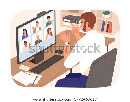 Bearded smiling guy talking with colleagues during videoconference vector illustration. People having corporate video call isolated. Man and woman discussing work enjoying online communication