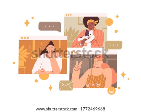 Group of diverse female enjoy online meeting or web communication vector flat illustration. Smiling girl friends talking on videoconference isolated on white. Woman have internet gossip discussion