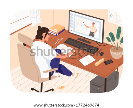 Smiling female study online looking at computer screen making notes vector illustration. Domestic girl sitting on chair watching internet courses. Modern student or pupil studying remotely at home