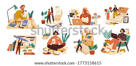 Set of professional journalist, copywriter, content manager, blogger with laptop, pencil, book. Concept of computer work, text typing, posting. Cartoon flat vector illustration on white background