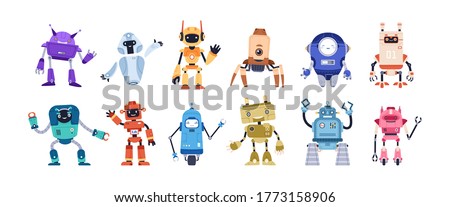 Set of happy funny cartoon childish robots wave hand, say hello. Cute kid cyborgs, retro, futuristic modern bots, android, smiling characters in flat vector illustration isolated on white background.