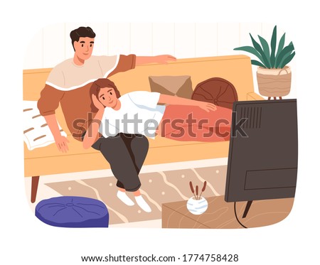 Happy family relaxing on couch watching tv vector flat illustration. Smiling man and woman spending time together isolated. Domestic husband and wife on comfy sofa enjoying home entertainment