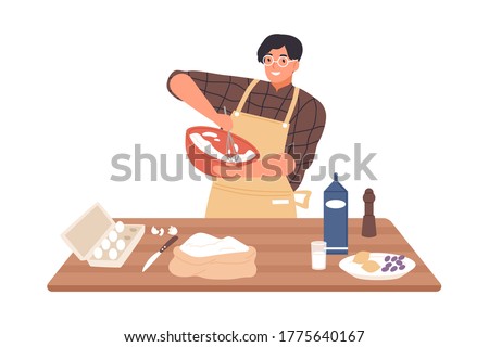 Happy guy in apron mixing ingredients preparing dough in bowl vector flat illustration. Smiling man cooking dessert at kitchen table isolated on white. Preparation homemade pastry or baking