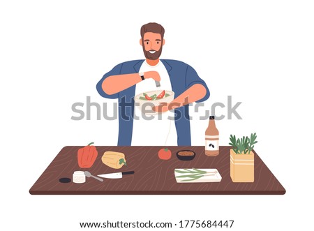 Smiling man on diet cook vegetable salad on kitchen table vector flat illustration. Male apply salt to vegetarian healthy food isolated on white. Guy preparing dinner or lunch with spices and herbs