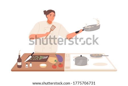 Male professional chef cooking food at kitchen of restaurant vector flat illustration. Smiling man preparing vegetables on stove isolated on white. Happy guy use frying pan to preparation dish