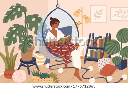 Relaxed black skin woman sitting in comfy hanging chair vector flat illustration. Female covering plaid reading book at cozy home interior. Time for yourself and relaxation at comfortable atmosphere