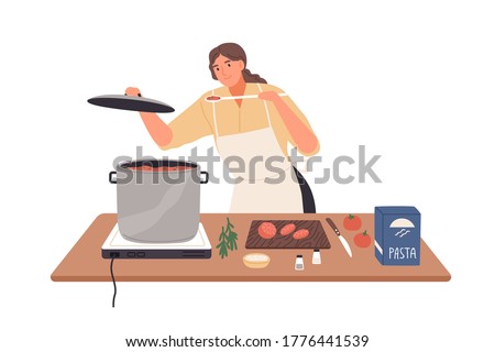 Smiling female preparing tomato sauce to pasta vector flat illustration. Happy housewife cooking and trying food on kitchen table isolated on white. Woman in apron during meal preparation