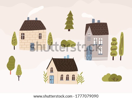 Hand drawn village with houses and trees vector flat illustration. Colorful cozy buildings with smoke from the chimney. Residential homestead, cottage or villa surrounded by green plants