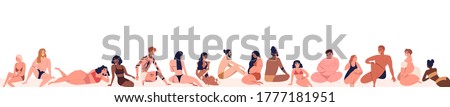 Set of different, multiracial body positive people dressed on beach in beachwear. Various, pregnant, tattoo, dark skin men and women. Flat cartoon vector illustration isolated on white background