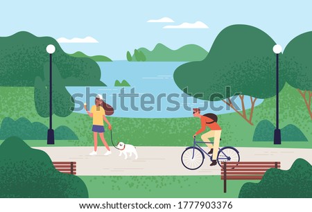 Relaxed people enjoying recreational outdoor activities at summer forest park vector flat illustration. Woman eating ice cream and walking with dog, man riding on bike. Beautiful natural landscape
