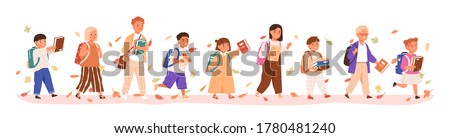 Set of boys and girls going to elementary or middle school vector illustration. Happy pupils holding books surrounded by autumn leaves isolated on white. Collection of children with backpack or bag 商業照片 © 