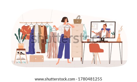 Woman personal stylist consulting client online vector flat illustration. Female demonstrate clothes to computer isolated. Consultation to wardrobe parsing, choosing outfit and sorting apparel