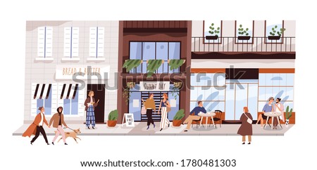 People outdoor at small urban street vector flat illustration. Happy man, woman, couple and friends sitting at cafe, walking, enjoy shopping isolated. Modern buildings, coffeshop, store showcase