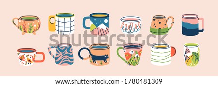 Collection of different modern cups decorated with design elements vector flat illustration. Set of colored mugs filling by beverages isolated. Cute trendy crockery with handle for drink