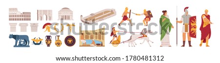 Ancient Rome Empire symbols and characters set vector illustration. Medieval Roman elements - Colosseum, Pantheon, Arc de Triomphe, gladiator fights, laurel wreath, chariot races, and people isolated