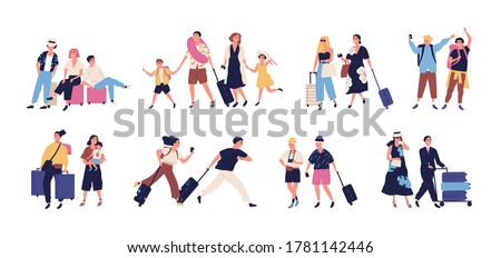 Set of scenes with tourists, people going on summer vacation, journey, trip. Young, elderly couple, families, kids with baggage, luggage at airport. Flat cartoon vector illustration isolated on white