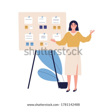 Concept of successful task completion, effective work planning, time management. Happy woman stand by clipboard with note, show gesture ok. Organize agenda. Flat vector illustration isolated on white