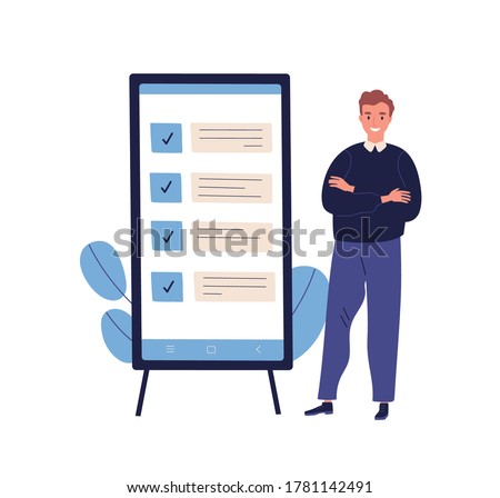 Concept of successful task completion, organize effective daily plan, time management. Happy man stand by clipboard with big mobile interface. Flat vector illustration isolated on white background